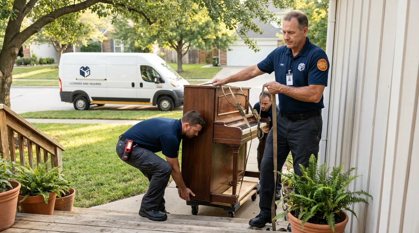 Licensed piano movers securing grand piano in Rocky Top, TN