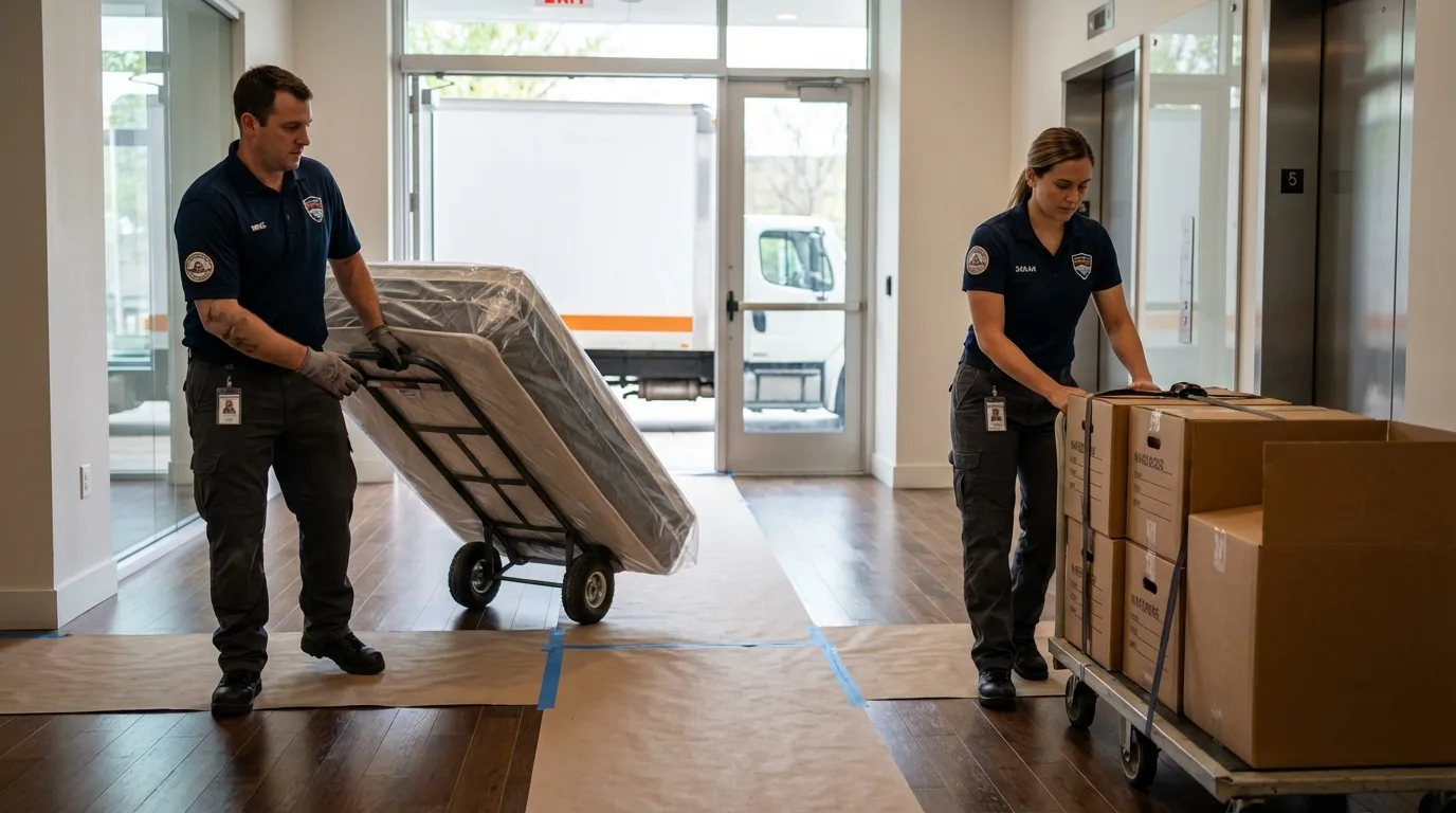 Professional apartment movers loading elevator in Rocky Top, TN
